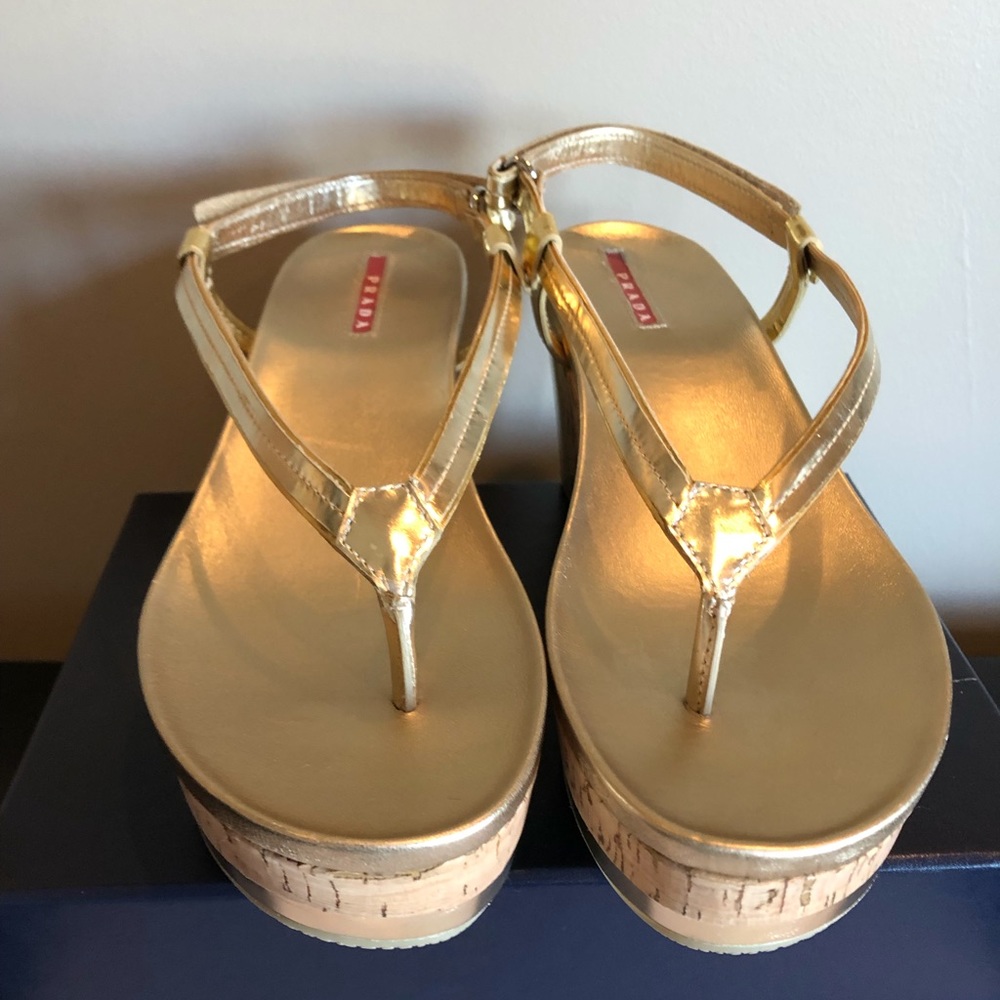 NEW Prada Gold Thong Leather Cork Platform Sandals